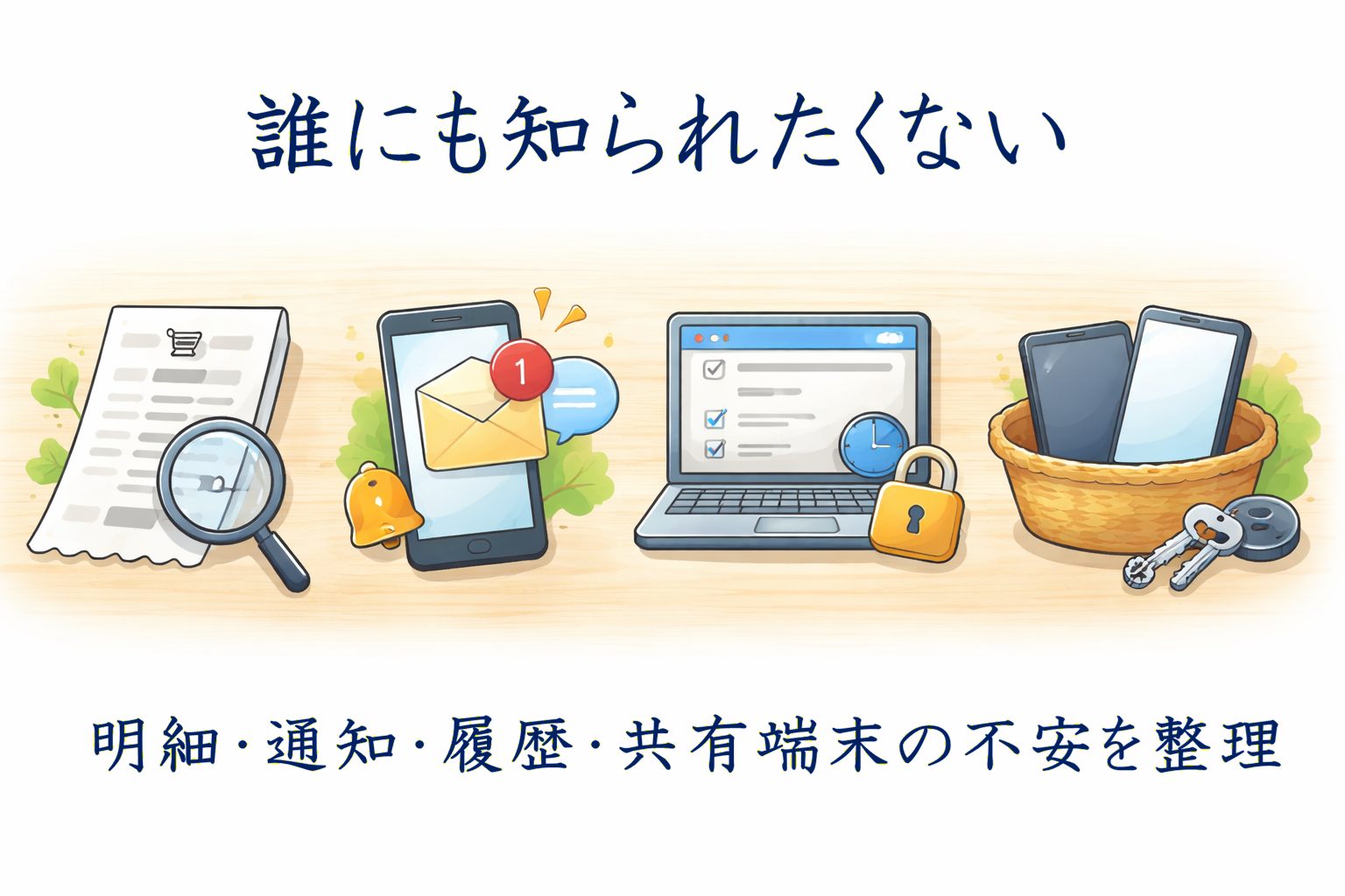 明細・通知・履歴・共有端末の不安を表すイラスト｜誰にも知られたくない人向け記事のアイキャッチ