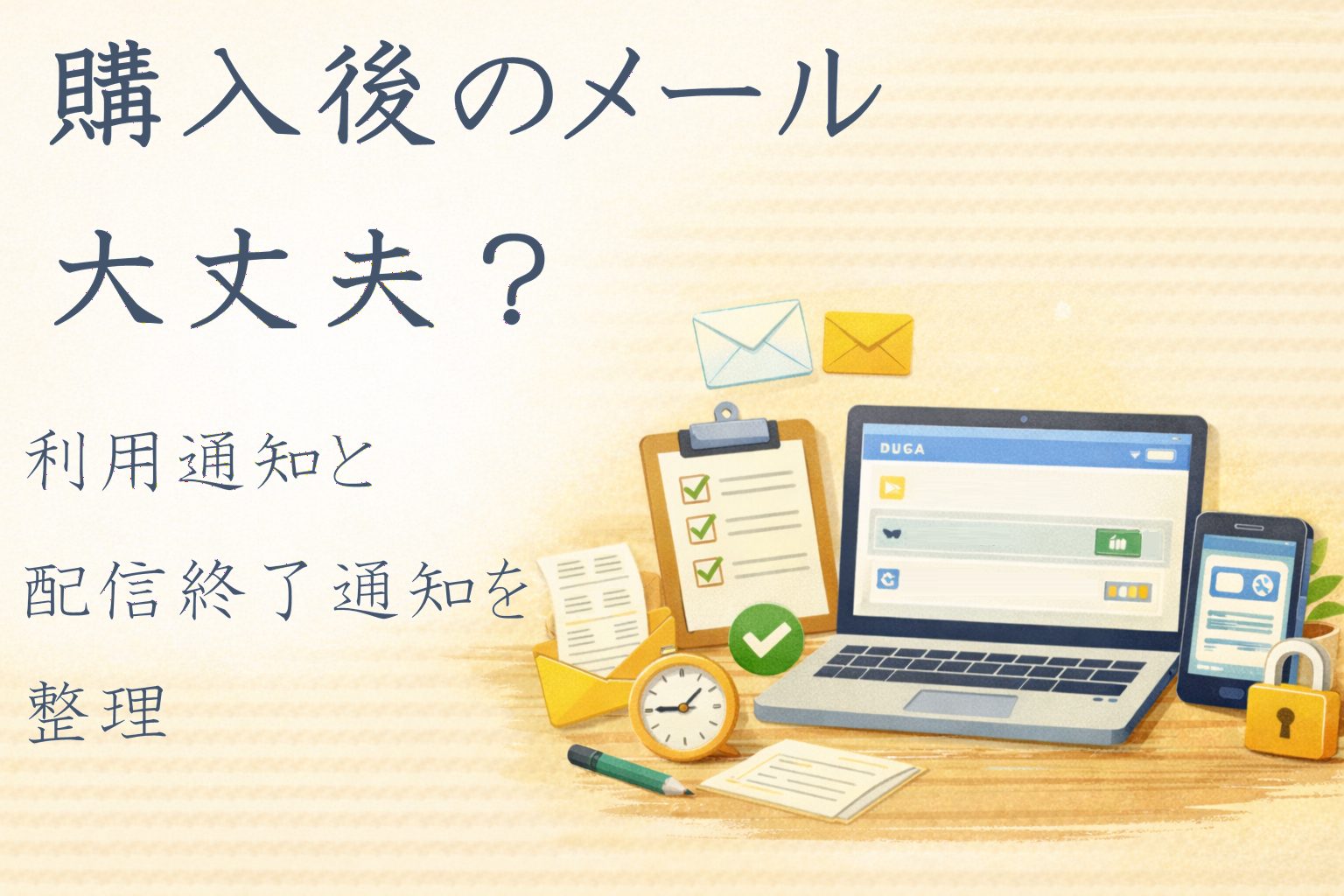 DUGA購入後のメール不安を表すアイキャッチ画像｜利用通知と配信終了通知を整理する記事