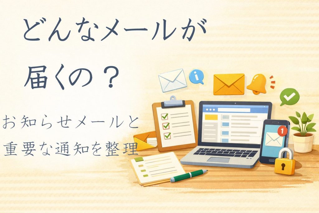 DUGAに登録したあと届くメールの種類を表すアイキャッチ画像｜お知らせメールと重要な通知を整理する記事